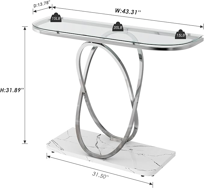 O&K FURNITURE Glass Console Tables for Entryway,Silver Entryway Table with Oval Frames and Marble Base,Chrome Entrance Table Glass Sofa Table for Living Room,Hallway,Silver Glass&White Faux Marble