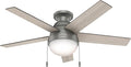 Hunter 46 inch Indoor Ceiling Fan with LED Light - Ceiling Fan with Pull Chain, For Bedroom, Living Room, or Kitchen, Low Profile Mount, No Remote, 5 Blades - Anslee 59270, Matte Silver