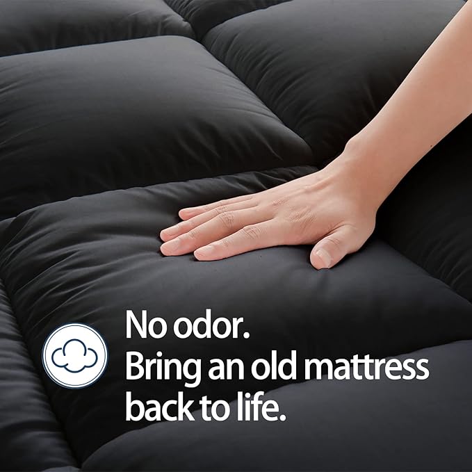 Mattress Topper Twin XL for Back Pain, Extra Thick Mattress Pad Cover, Plush Pillow Top, Deep Elastic Pocket, Black