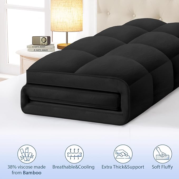 ELEMUSE Queen Black Cooling Bamboo Viscose Mattress Topper for Back Pain, Extra Thick Mattress Pad Cover, Plush Soft Pillowtop with Elastic Deep Pocket, Overfilled Down Alternative Filling