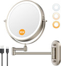 Auxmir 1X/30X Wall Mounted Lighted Makeup Mirror, 8" 3200 mAh Rechargeable Double-Sided Magnifying Mirror, Touch Dimmable 3 Color Lights, 360° Rotating Foldable 14.5" Extension Arm, Brushed Nickel