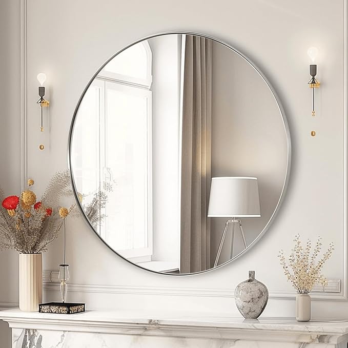 ANDY STAR 30" Round Brushed Nickel Bathroom Mirror, Silver Wall Mirror for Bathroom，Metal Round Circle Mirror for Wall, Bathroom (Premium Stainless Steel Frame)