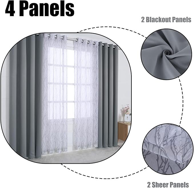 BONZER Mix and Match Curtains - 2 Pieces Branch Print Sheer Curtains and 2 Pieces Blackout Curtains for Bedroom Living Room Grommet Window Drapes, 37x63 Inch/Panel, Light Grey, Set of 4 Panels