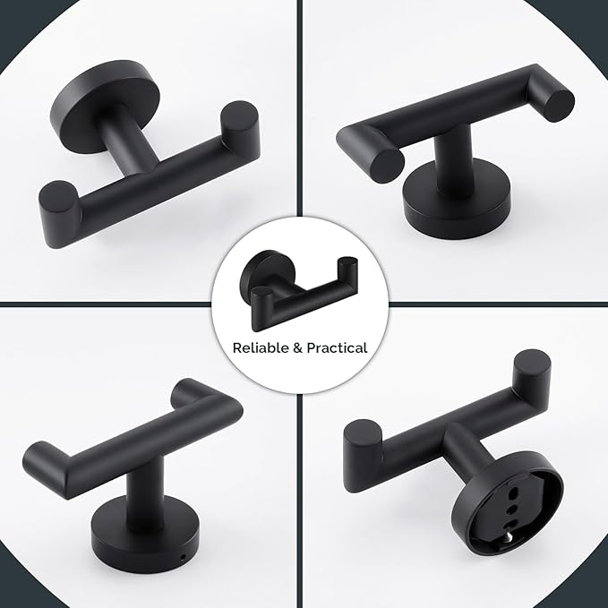 Angle Simple Double Towel Hook Matte Black 2 PCS, Stainless Steel Bathroom Robe Hook, Hand Towel Holder for Wall