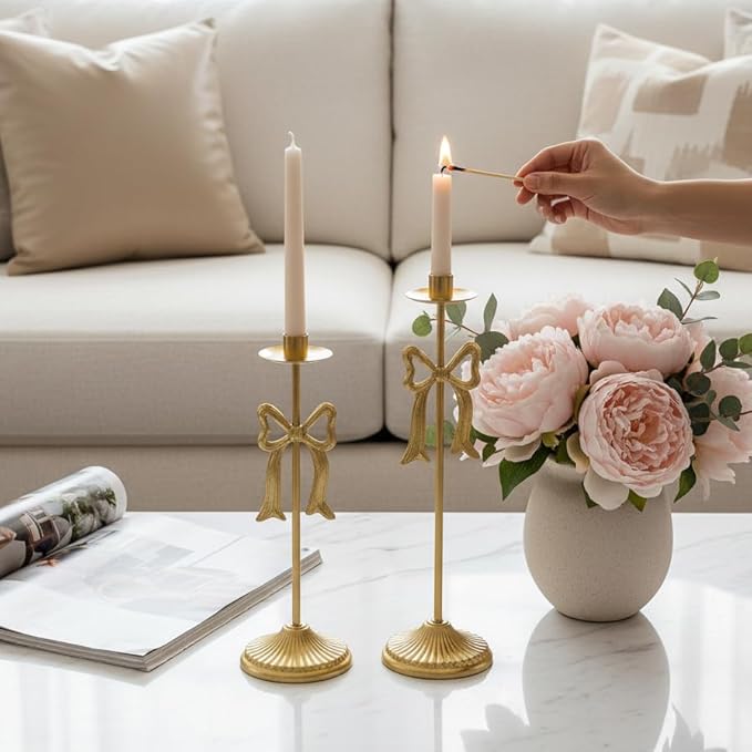 Bow Taper Candle Holders, Set of 2 Candle Stick Holders Set, Modern Decorative Centerpiece for Table Mantel Wedding Housewarming Gift (Vintage Gold)