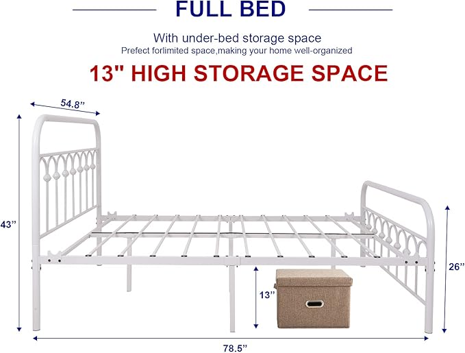TUSEER Metal Bed Frame Full Size with Vintage Headboard and Footboard Platform Base Wrought Iron Bed Frame (Full, White)