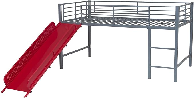 DHP Junior Twin Metal Loft Bed with Slide, Multifunctional Design, Silver with Red Slide