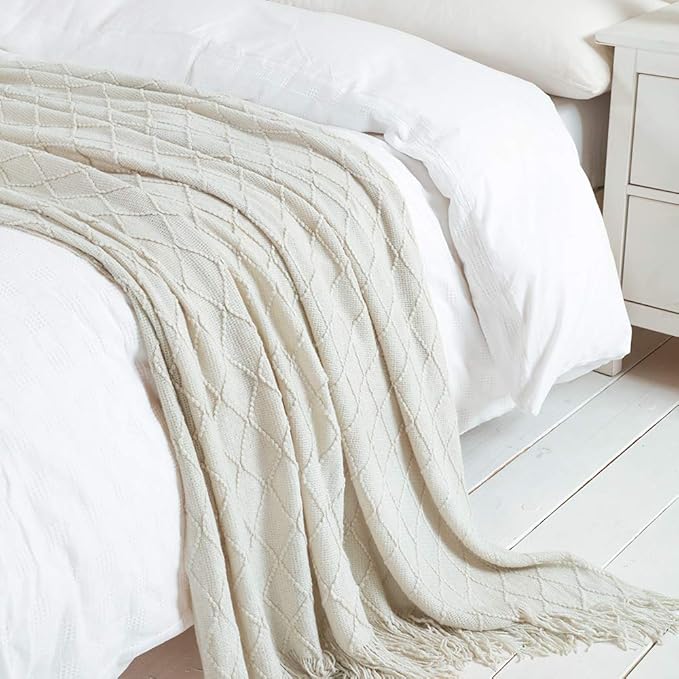 BOURINA Beige Throw Blanket 60x80 Inches Throw Textured Solid Soft Sofa Throw Couch Knitted Decorative Blanket