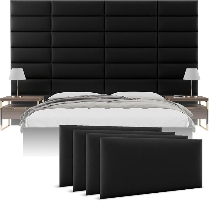 Vänt Upholstered Wall Panels - King/Cal King Size Wall Mounted Headboards - Vintage Leather Jet Black - Twin/King - Set of 4 Panels (Each Individual Panel 39"x11.5")