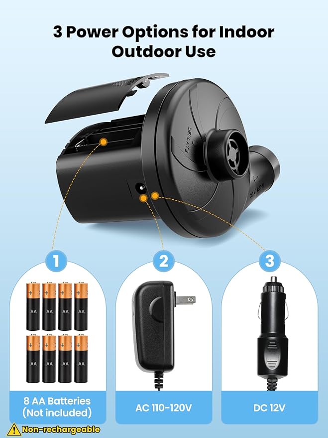 Air Mattress Pump, 3 Ways Powered Portable Electric Air Pump with 3-Nozzle AC 110V, DC 12V, Battery Operated Quick-Fill Inflator Deflator for Inflatable Pool Float Air Bed Boat Swimming Ring