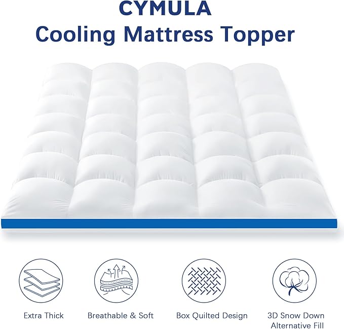CYMULA Mattress Topper Queen Size,Pillow Top Mattress Topper, Queen Topper Pad Cover for Mattress with Elasticated Deep Pockets, Plush Down Alternative Fill Mattress Protector