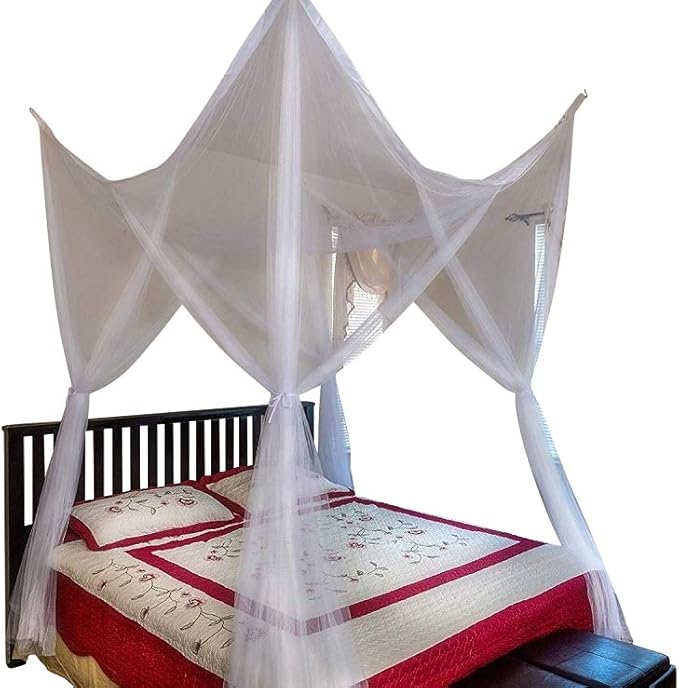 OctoRose Four Post Mosquito Net for Bed Canopy -Fits Queen, King, California King Beds-Indoor & Outdoor Use- Ivory