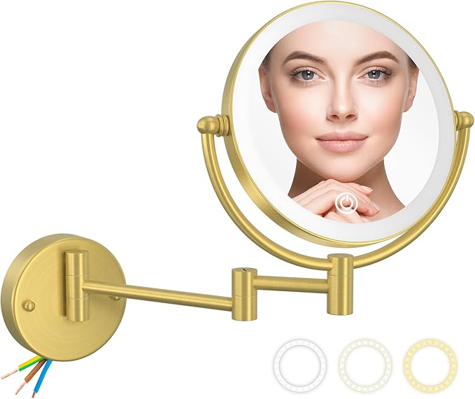 Gold Wall Mounted Makeup Mirror with Light and Magnification 10X, 2 Sided with 3 Color Led Dimmable, 360 Swivel Extension Shaving for Bathroom Hard Wired