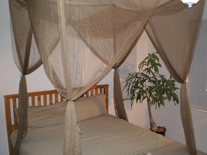 OctoRose Four Post Mosquito Net for Bed Canopy -Fits Queen, King, California King Beds-Indoor & Outdoor Use- Brown