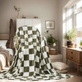 Checkered Throw Blanket, 50x60 Inches Travel Size Sage Green Microfiber Soft Cozy Fluffy Warm Hand Made Throw Blankets for Couch, Sofa, Chair, Bed, Camping, Picnic,Sage Green