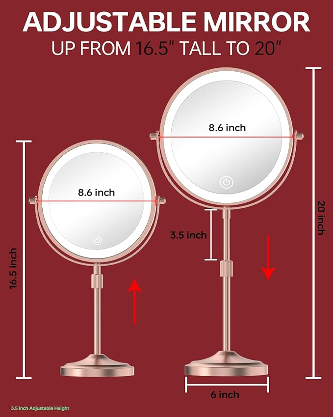 9" Lighted Makeup Mirror with 1X 10x Magnification, 5000mAh Rechargeable Led Magnifying Vanity Mirror with Lights, 3 Lighting Color, Dimmable and Height Adjustable Cordless Cosmetic Mirror Rose Gold