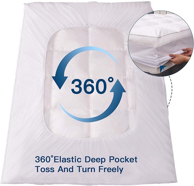 ELEMUSE Cal King Size Extra Thick Fusion Goose Down Feather Filled Mattress Topper, Plush Fluffy Double Layer Pillowtop Mattress Pad Cover, Soft Featherbed with 8-21 Inch Deep Pocket