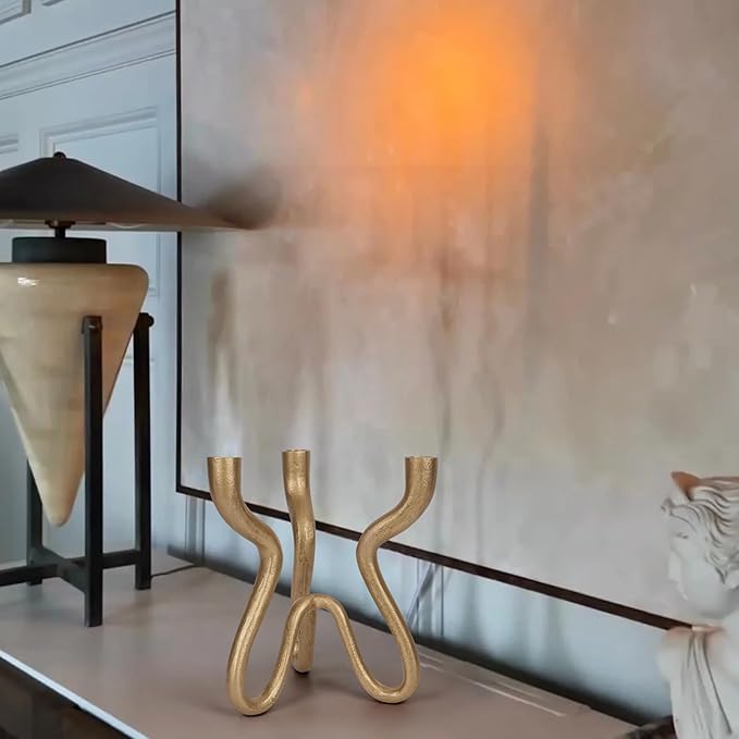 Triple Candle Holder Candelabra - Cast Iron Metal Taper Candlestick Stand with Antique Brass Finish - Elegant Wedding Centerpiece for Home, Dining, Event Decor