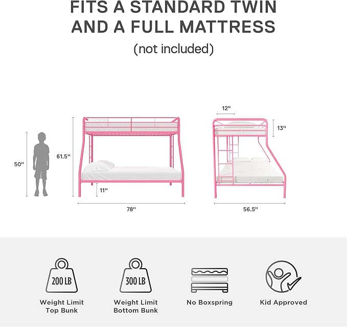 DHP Dusty Metal Bunk Bed Frame, Twin-Over-Full for Kids, Teens, Adults, Angled Ladder, Guardrail, No Boxspring, Small Spaces, Pink
