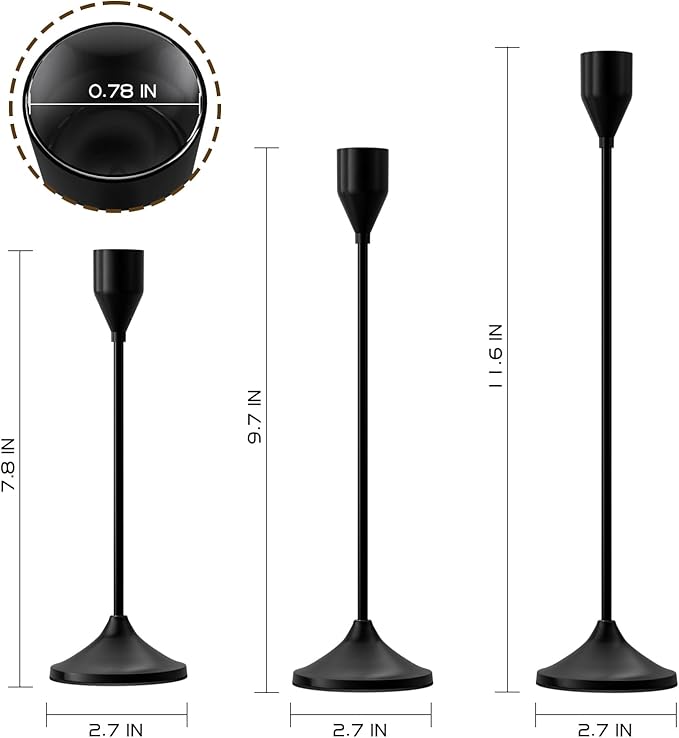 Brass Black Metal Taper Candle Holder, Vintage Candlestick Holders, Candle Sticks Holder Decor for Wedding Wedding, Dinning, Party, Fits 3/4 inch Thick Candle&Led Candles (Set of 3 Pcs)