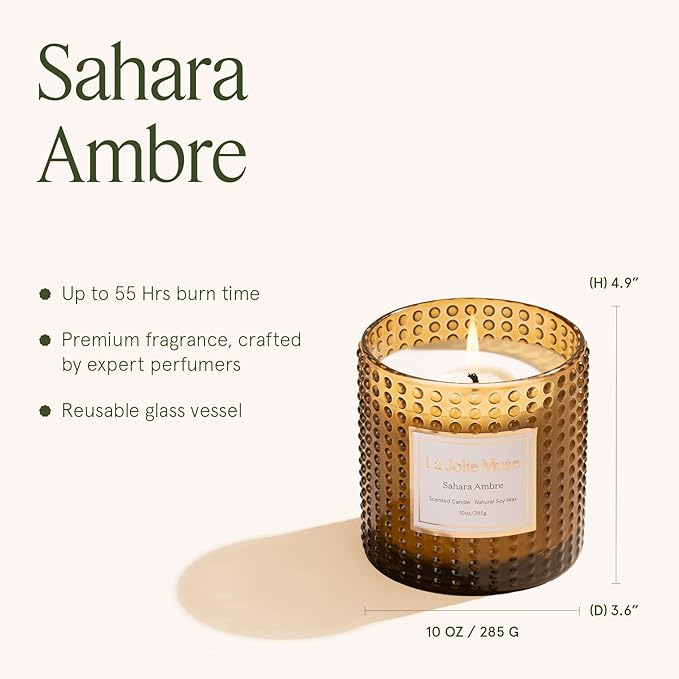 LA JOLIE MUSE Fall Candle | Sahara Amber Candles – Bergamot, Clove & Amber | 10 oz Soy Candle | Natural Soy Wax | 55 Hours Clean Burn | Gift-Ready for Cozy Nights | Elevated Fall Décor