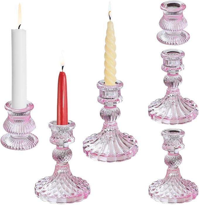 Glass Candlestick Holders Set of 6, Taper Candle Holder for Wedding Festival Christmas Party Valentine's Decor, Table Centerpieces (Pink)