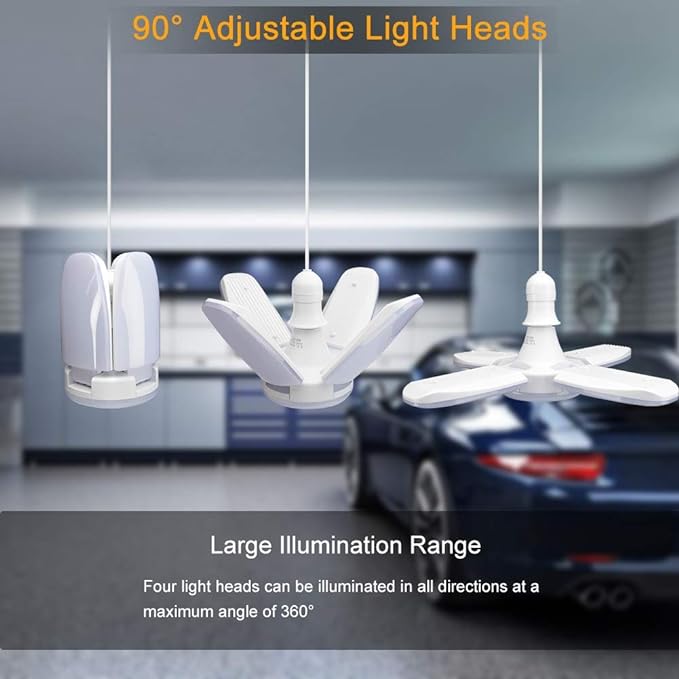 (2 Pack) LED Garage Lights, 60W Trilights Ceiling, High Low Bay Deformable Adjustable 4 Led Light Bulbs 6000LM 6000K, Screw in Tribright Garage Lighting Fixture,CRI80 Daylight