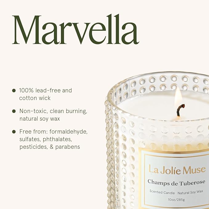 LA JOLIE MUSE Champs de Tuberose Scented Candle - Ylang, Tuberose, Orange Blossom | 10 oz Natural Soy Wax | 55 Hours Clean Burn | Floral Scented Candle | Gift-Ready for Hosts & Gatherings