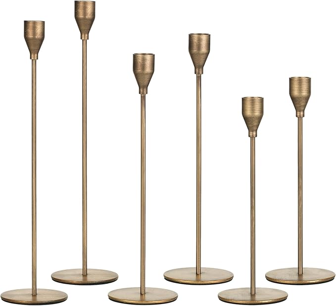 Brass Taper Candle Holders: Set of 6 Tall Candlestick Holder for Table Centerpiece Metal Gold Candles Stick Holders Candle Stand Brushed Wedding Decor