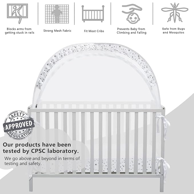 Baby Pop Up Crib Tent, Crib Net to Keep Baby from Climbing Out, Crib Canopy Cover Against Falling and Bites, Strong Frame & Soft Breathable Mesh, White+stars