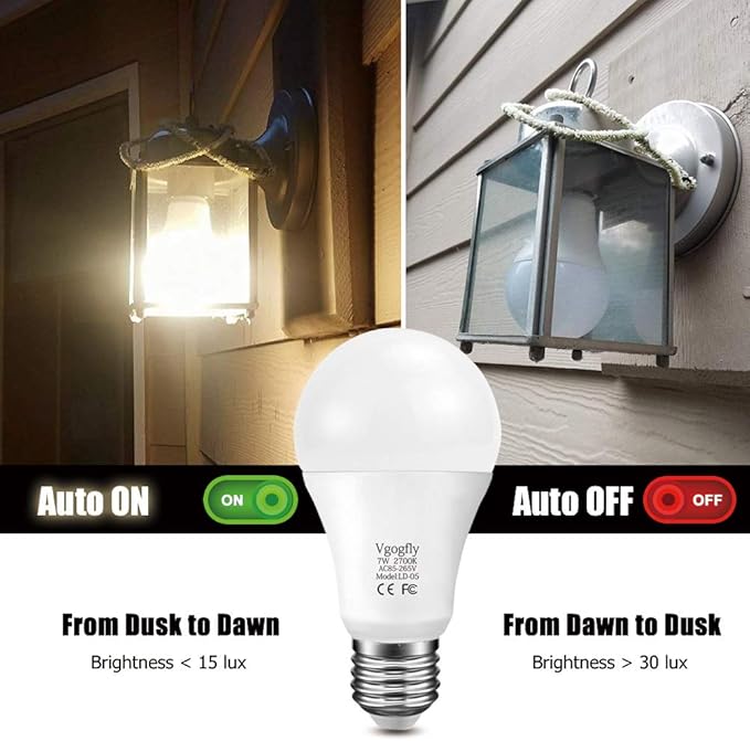 Dusk to Dawn Light Bulb 7W E26 Smart Sensor LED Bulbs Built-in Photosensor Detection with Auto Switch Outdoor Indoor LED Lighting Lamp for Porch Front Door Garage Basement (Cool White, 2 pack)