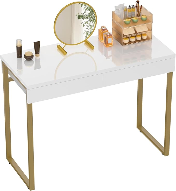 GreenForest Vanity Desk with 2 Drawers,39 inch White Desk with Glossy Desktop Easy Clean,Makeup Dressing Table with Metal Gold Legs for Home Office Small Spaces,Bedroom
