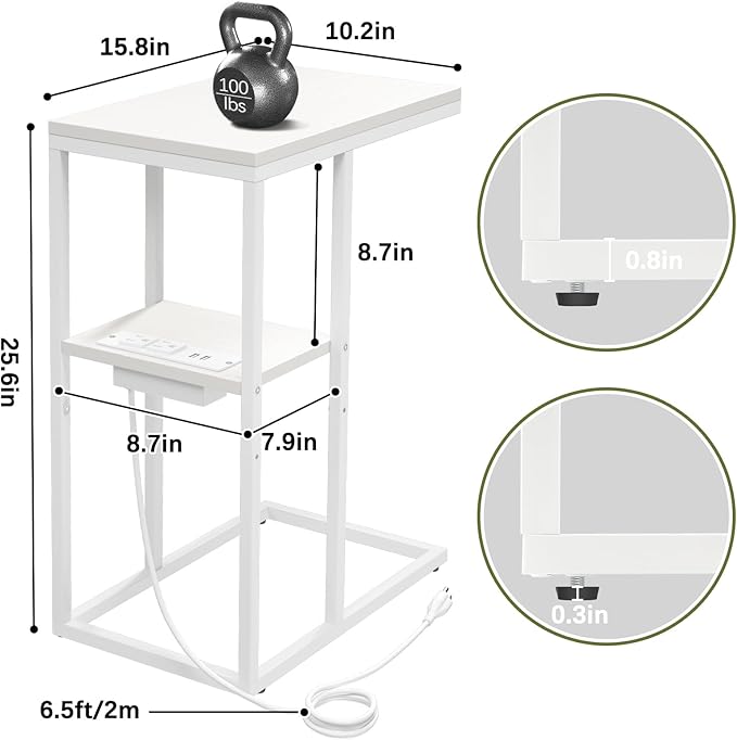 Yoobure LED C Shaped End Table with Charging Station, Small Side Tables for Living Room Bedroom, TV Tray Table with USB Ports and Outlets for Small Spaces, C Table for Couch Sofa, Bed Side Table