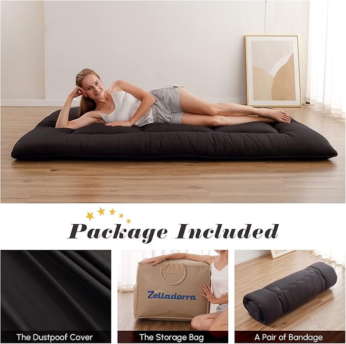 Japanese Floor Mattress, Futon Mattress with Portable Storage Bag and Washable Cover, Roll Up Thick Tatami Mat Suitable for Camping, Guest Room, Black, Queen