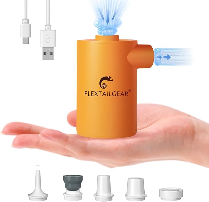 FLEXTAILGEAR MAX Pump Portable Air Pump with 3600mAH Battery USB Rechargeable Air Pump-Quick Inflate Deflate for Sleeping Pads, Air Mattress, Pool Toys, Floats, Swimming Ring, Air Bed (Orange)