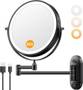 Auxmir 1X/30X Wall Mounted Makeup Mirror with Light, 8" Rechargeable Double-Sided Magnifying Mirror, Vanity Mirror Dimmable 3 Color Light, 360° Extension Rotation Foldable 14.5 Inch Arm, Black