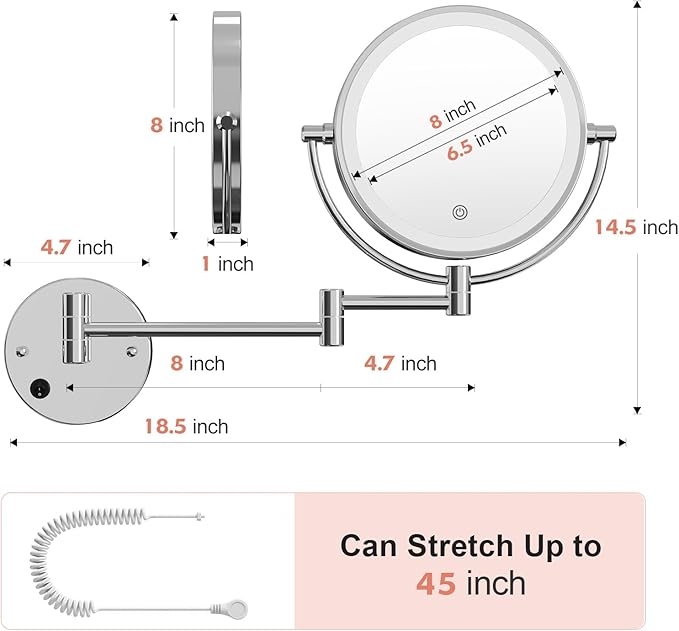 FASCINATE Upgraded Wall Mounted Makeup Mirror with Lights, Super Large Double Sided 1X/10X Magnifying Mirror for Bathroom, 360° Swivel Extendable Plug Touch Sensor Vanity Mirror