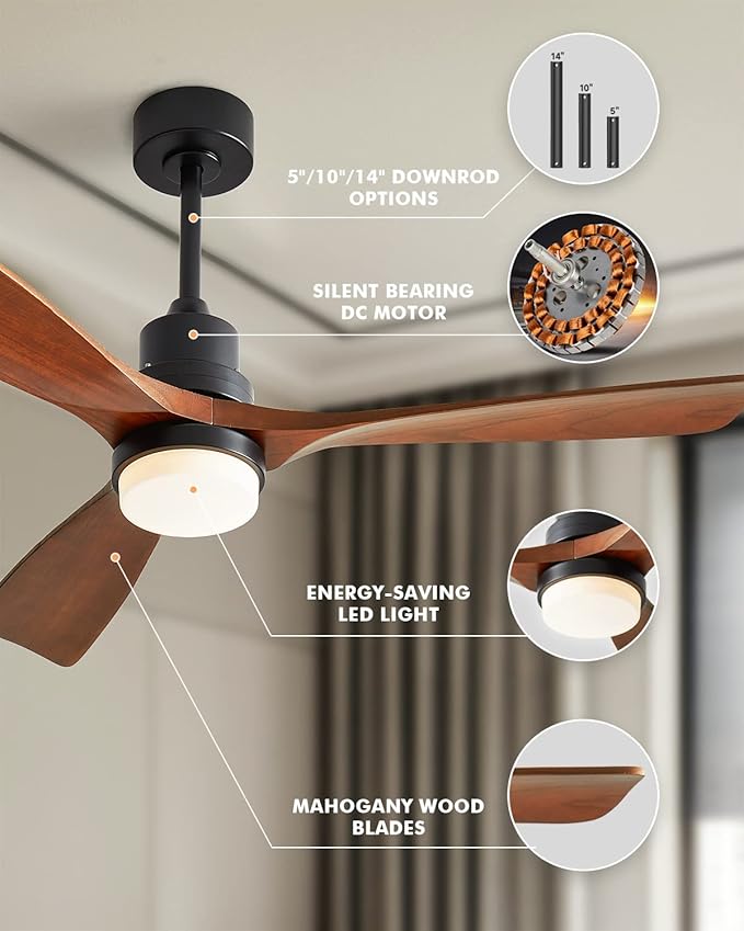 Ceiling Fans with Lights, 60" Wood Ceiling Fan with Remote Control, 3 Walnut Fan Blades Reversible Quiet DC Motor 6 Speeds Timing Farmhouse Ceiling Fan for Bedroom/Living Room/Study/Porch