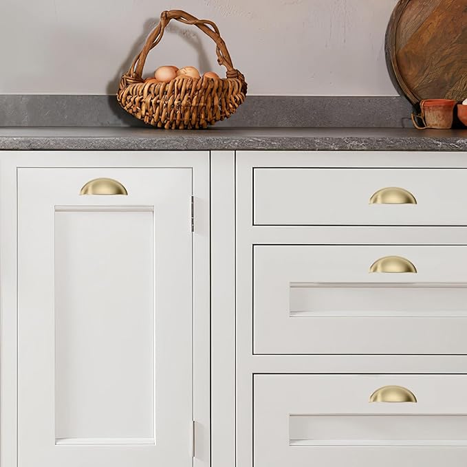 khtumeware 10 Pack 3" Gold Drawer Pulls Brushed Brass Cabinet Cup Pulls Kitchen Hardware Cabinet Handles Drawer Handles Knobs 3 inch Hole Center