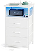 Fixwal White Nightstand with Charging Station, LED Night Stand with 3 Fabric Drawers and Open Shelf, Bedside End Table in Living Room