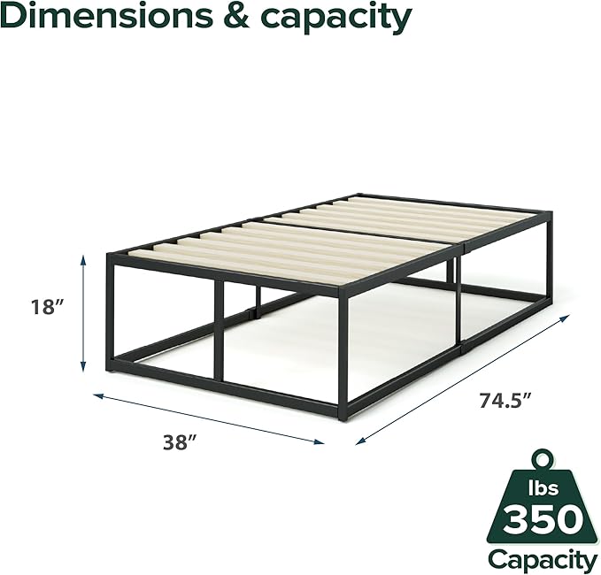 Zinus Joseph 18 Inch Platform Bed Frame, Wood Slat Support, No Box Spring Needed, Eco Friendly WonderBox(TM) Packaging, Easy Assembly, Black, Twin