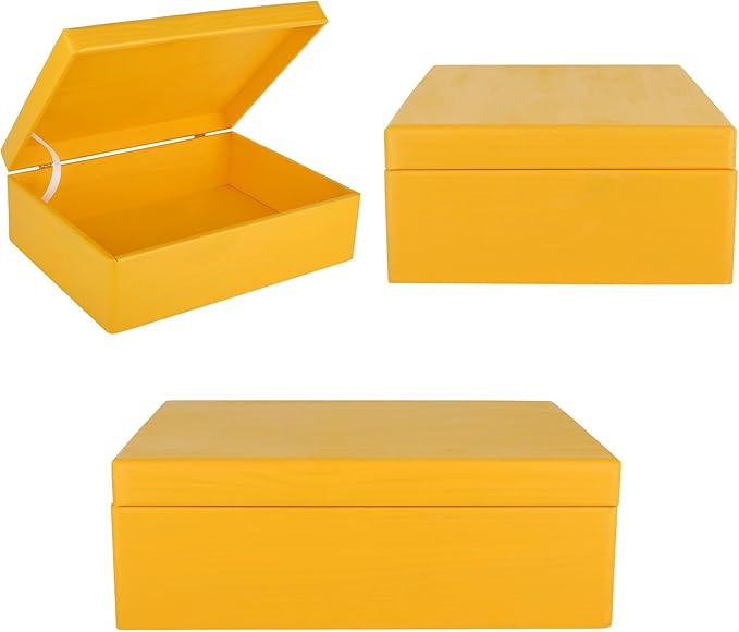 XL Yellow Wooden Box Storage with Hinged Lid | 15.8 x 11.8 x 5.5 inches (+-0.5) | Gift Box for Tool Shoes Clothes Kitchen Storage Document | Wood Keepsake Chest
