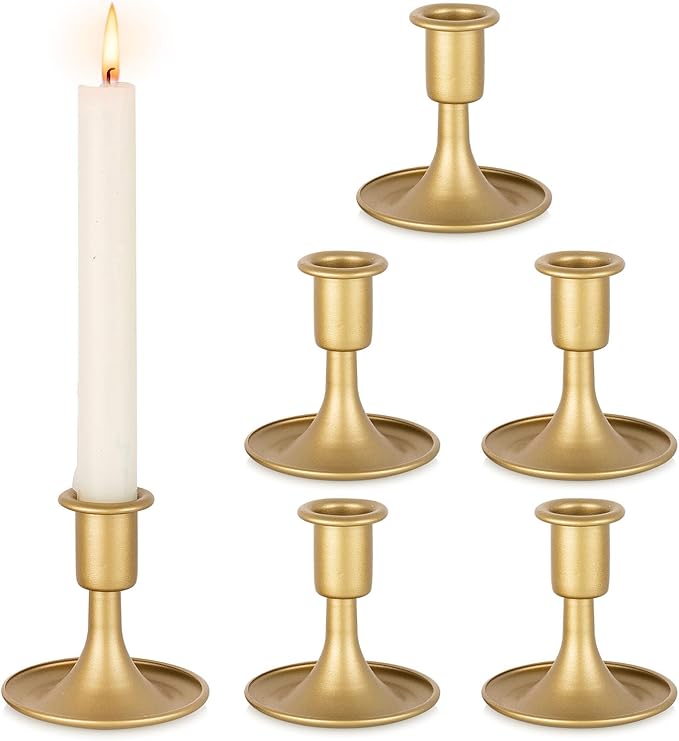 Gold Taper Candle Holder Vintage: Small Candle Sticks Holder Decor Brass Candlestick Holders for Home Dinning Table Wedding Centerpiece Holiday Party Chrismas Mantel Set of 6