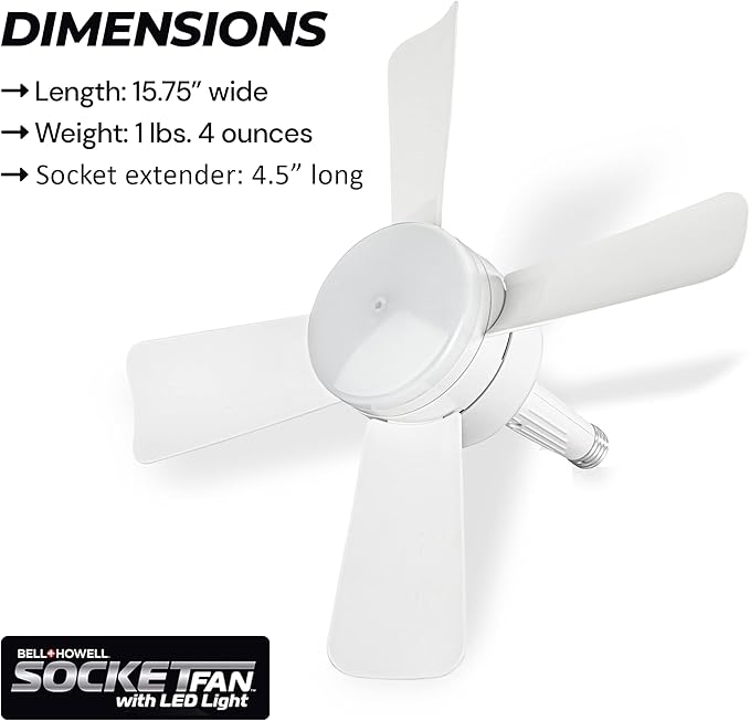 Bell+Howell Socket Breeze Modern Ceiling Fans with LED Lights, 10" LED E26/E27 Screw Base Mini Light Socket Fan with Cord for Bedroom, Living Room, Kitchen, Balcony