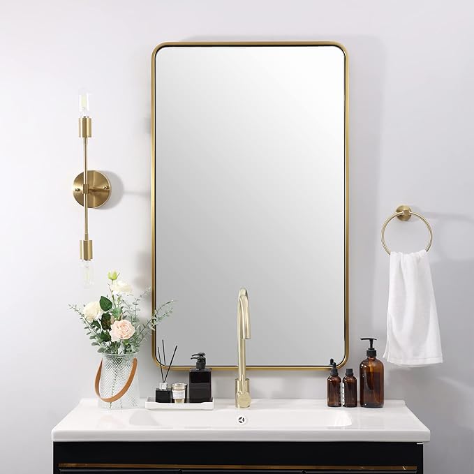 ANDY STAR 24x40 Inch Gold Bathroom Mirror, Rounded Rectangle Mirror, Brushed Brass Bathroom Vanity Mirror Oblong Tube Metal Framed, SUS304-Anti-Rust, Wall-Mounted Horizontal/Vertical 1’’ Deep