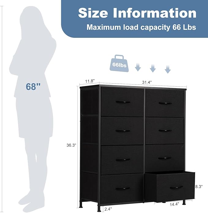 DUMOS 8 Drawer Dresser for Bedroom, Fabric Storage Organizer with Sturdy Metal Frame, Wooden Top Chest of Drawers for Closet Nursery Entryway Guest Room,Matte Black