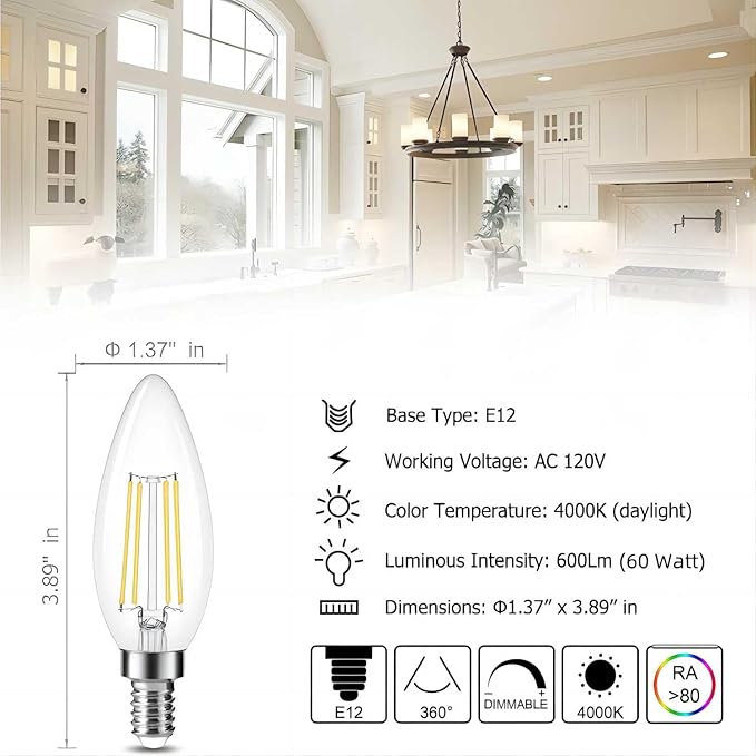 Cotanic Dimmable E12 LED Candelabra Bulb 4000K Daylight, Ceiling Fan Light Bulbs Small Base,60W Equivalent,Type B Bulb for Chandelier,Vintage B11 LED Candle Shape with Clear Glass,600LM,10 Pack
