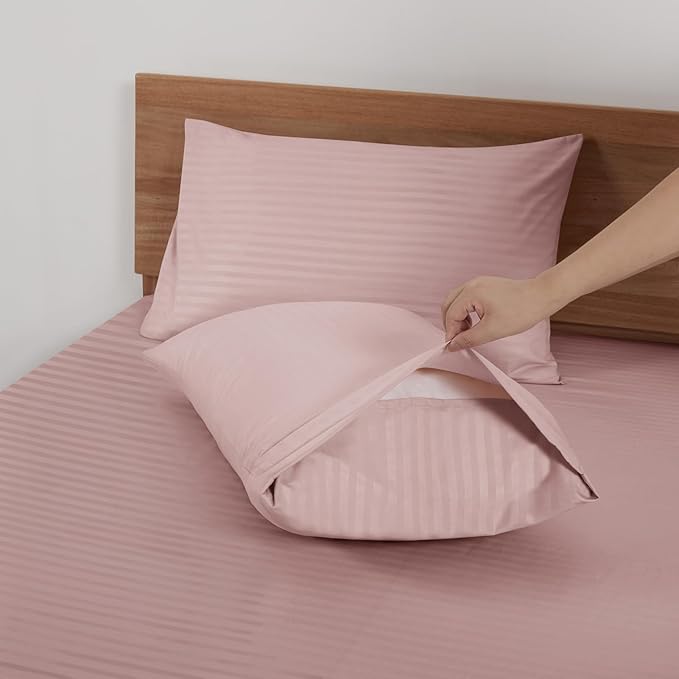 Mejoroom Striped King Size Bed Sheet Set - Hotel Luxury 1800 Bedding Sheets & Pillowcases - 16" Deep Pocket Fitted Sheet, Soft, Breathable, Wrinkle & Fade Resistant - 4 Piece(02-Dusty Pink)