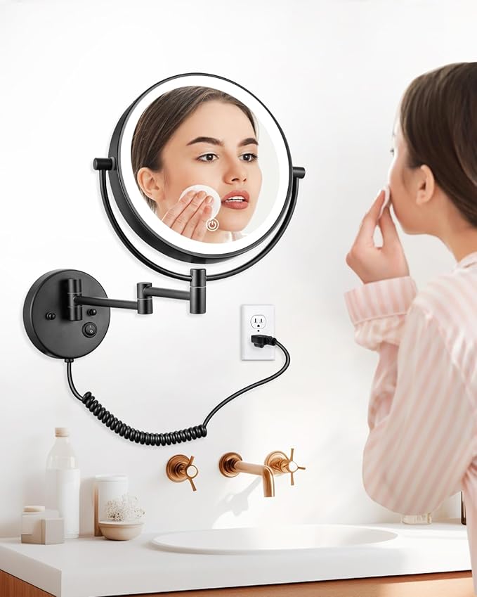 ALHAKIN 9" Wall Mounted Lighted Makeup Mirror, Large Rechargeable 1X/10X Magnifying Mirror with 3 Color Lights Dimmable, 360° Rotation, Nickel
