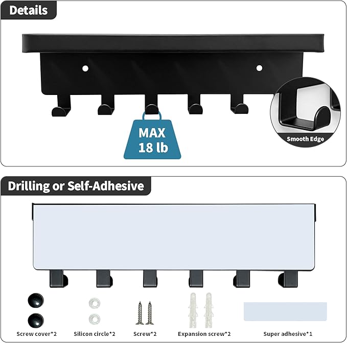 GTK Key Holder for Wall Key Hooks with Tray and 6 Hooks, Wall Mounted Key Holder for Hallway, Key Rack with Shelf for Mail Storage (Black)